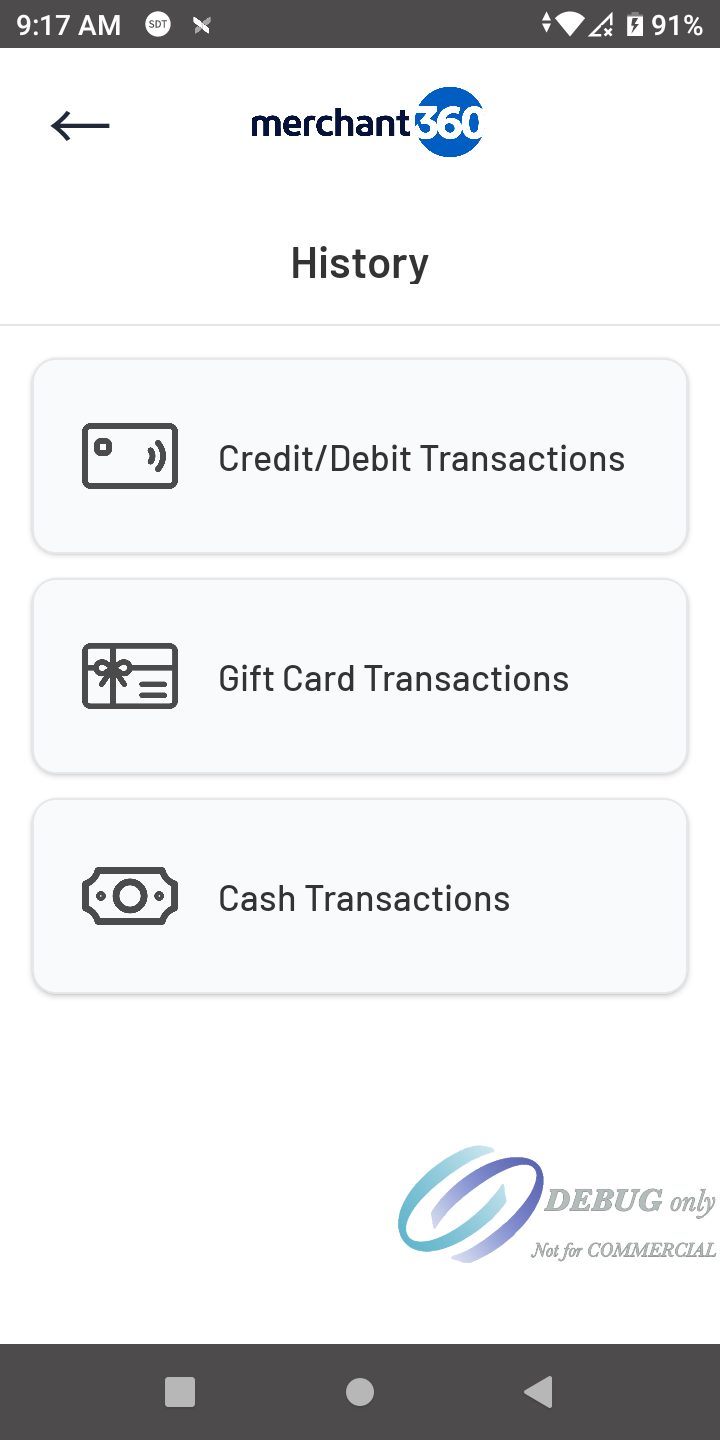 The History menu with Credit/Debit, Gift Card and Cash transactions