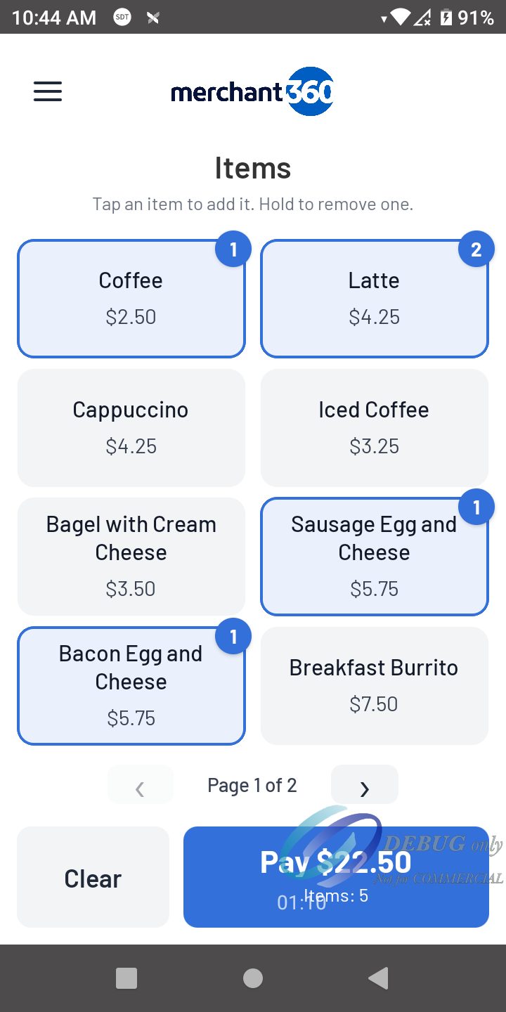 The Items screen with eight item tiles, three selected with quantity badges, and the Pay button