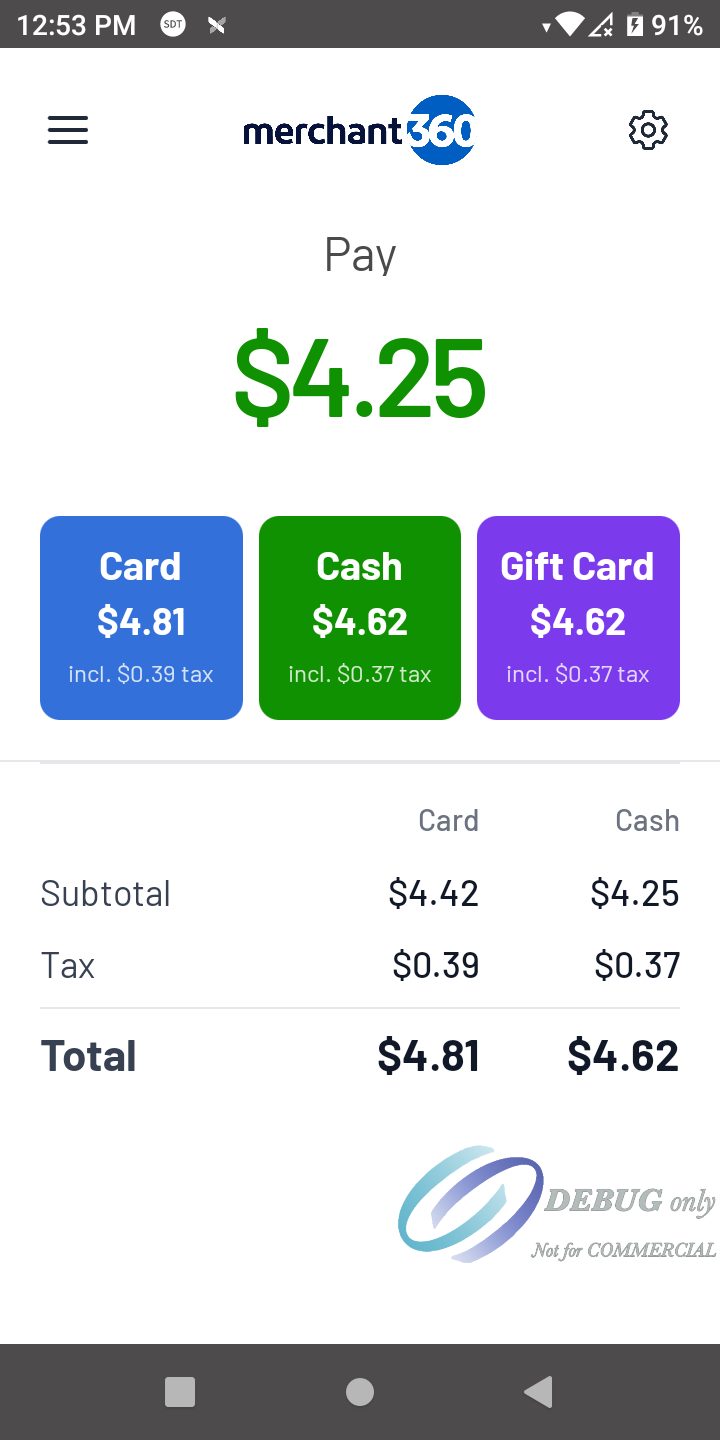 The Pay screen with a fixed total, Card and Cash buttons and a Subtotal and Total recap