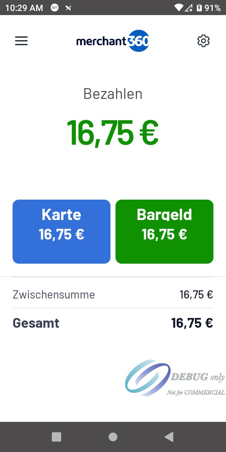 The Pay screen in German with euros: Bezahlen, Karte, Bargeld, 16,75 €
