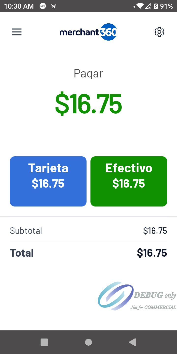 The Pay screen in Spanish with US dollars: Pagar, Tarjeta, Efectivo