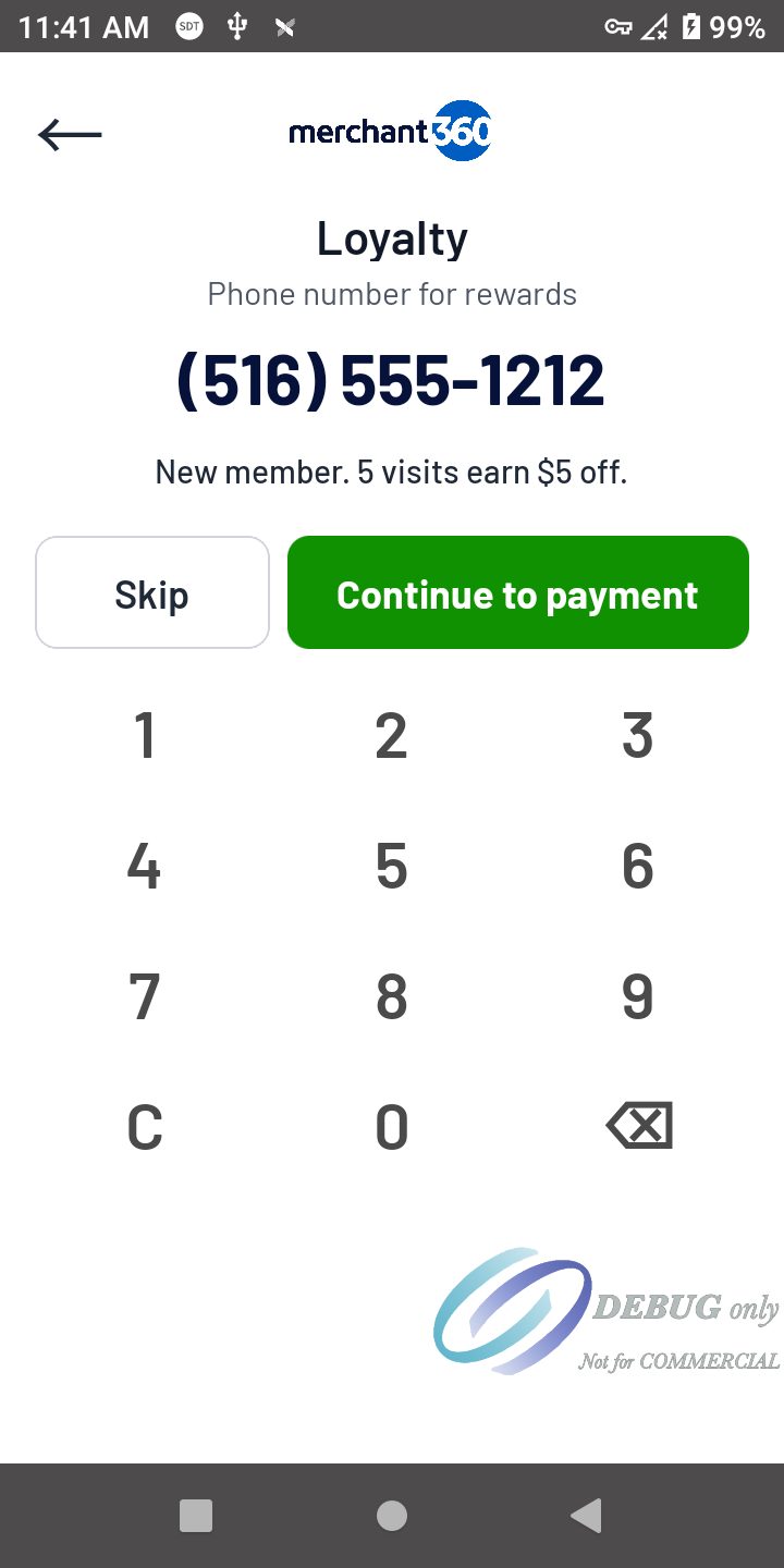 The Loyalty page with (516) 555-1212 keyed, New member. 5 visits earn $5 off, and Skip and Continue to payment