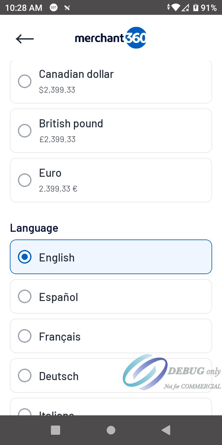 The currency list with US dollar, Canadian dollar, British pound and Euro, each with an example amount
