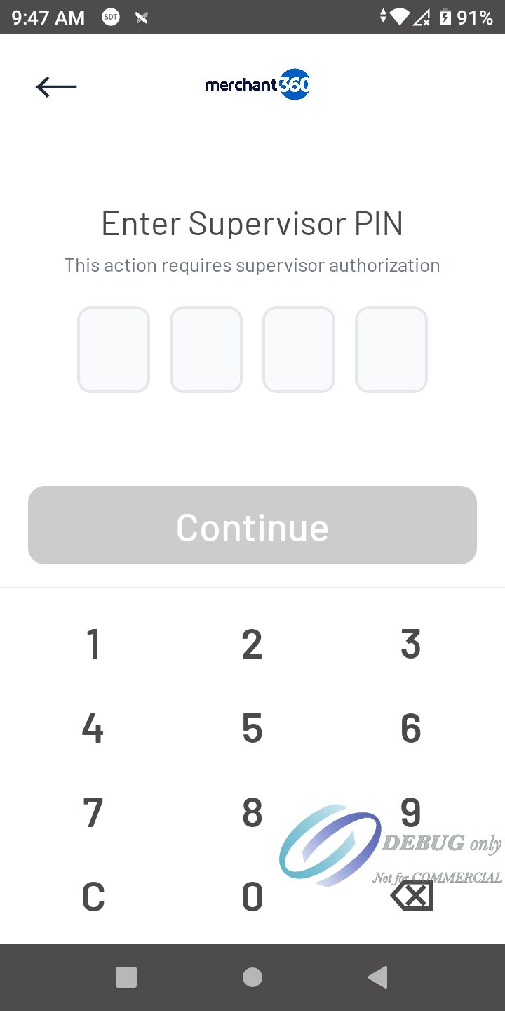 The Enter Supervisor PIN screen with four digit boxes and the number panel