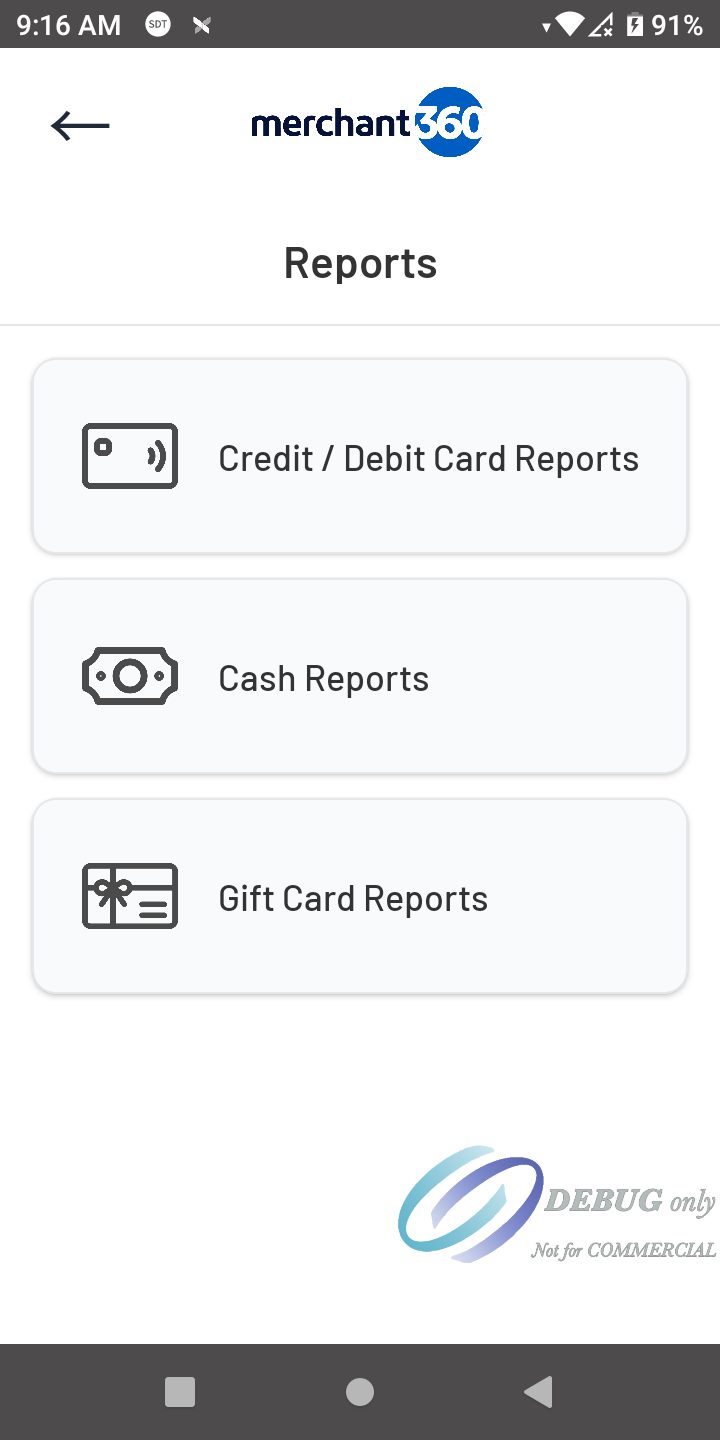 The Reports menu with card, cash and gift card reports