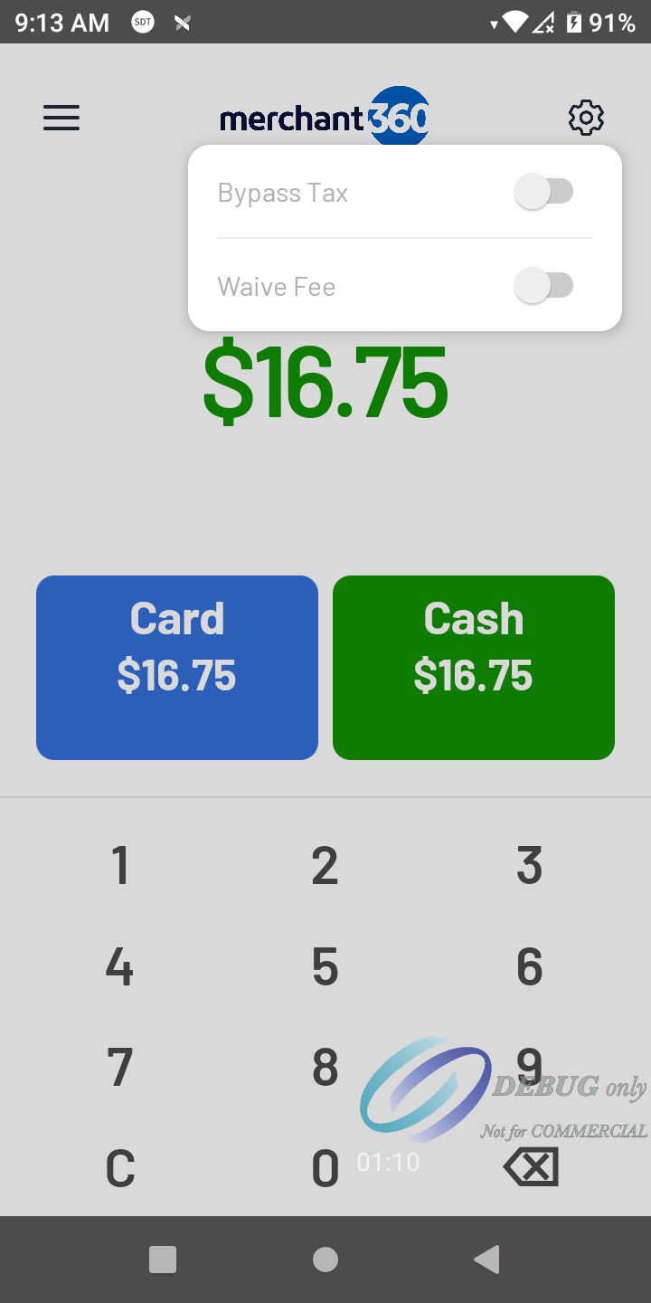 The Sale screen with the gear drawer open showing Bypass Tax and Waive Fee