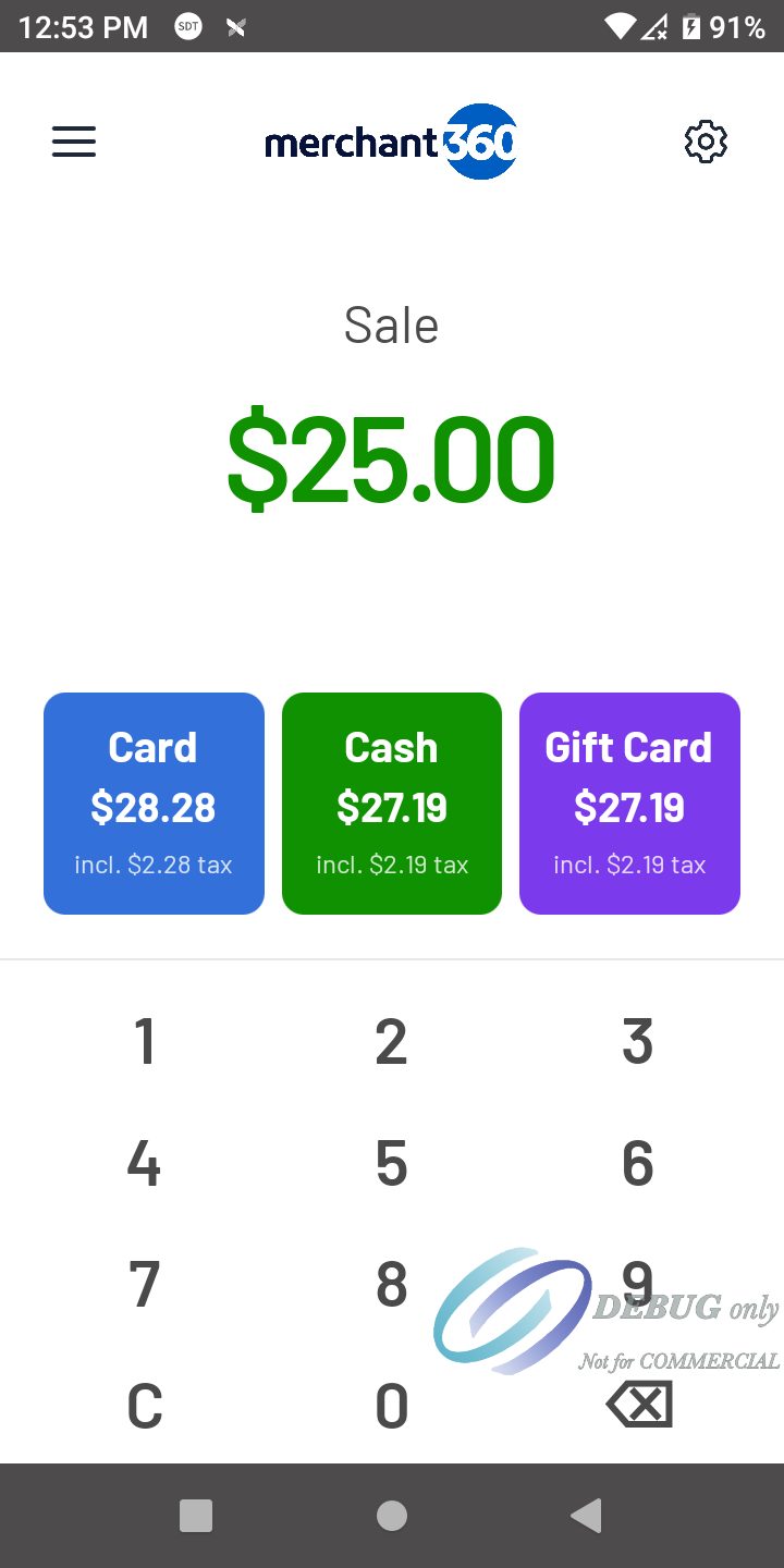 The Sale screen of the Merchant360 Payment App with an amount and the Card and Cash buttons