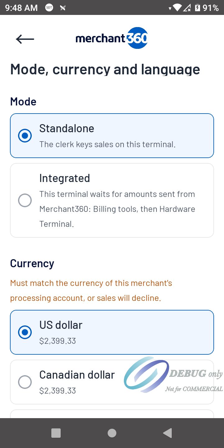 The Mode, currency and language page with Standalone selected
