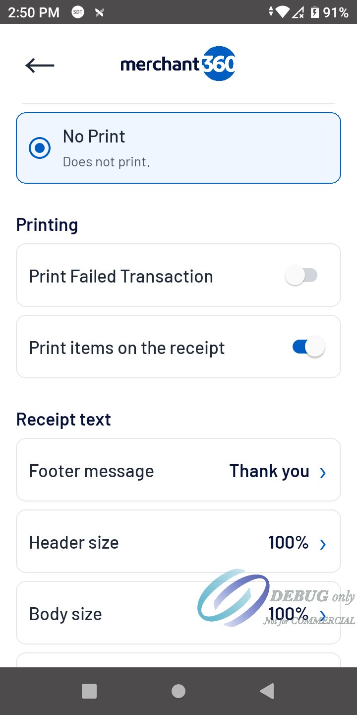 The Receipts and printing page: Print Failed Transaction, Print items on the receipt, Footer message Thank you, Header size and Body size 100%