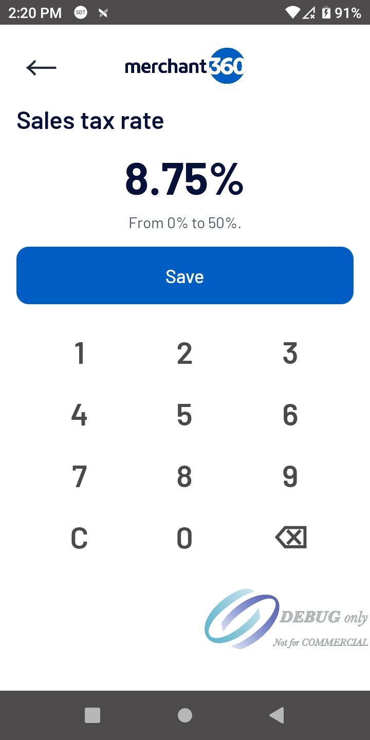The Sales tax rate entry showing 8.75% with Save and the number panel