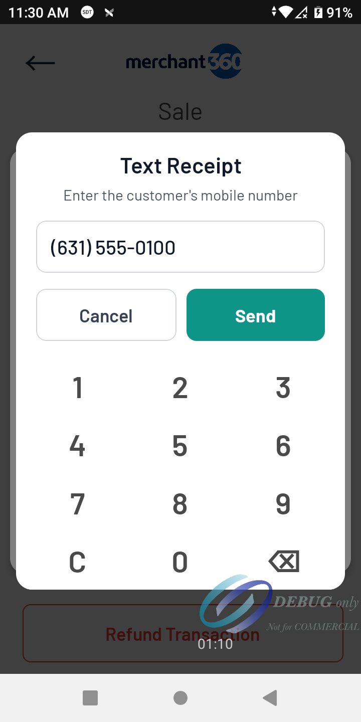 The Text Receipt panel with a mobile number entered on the number panel