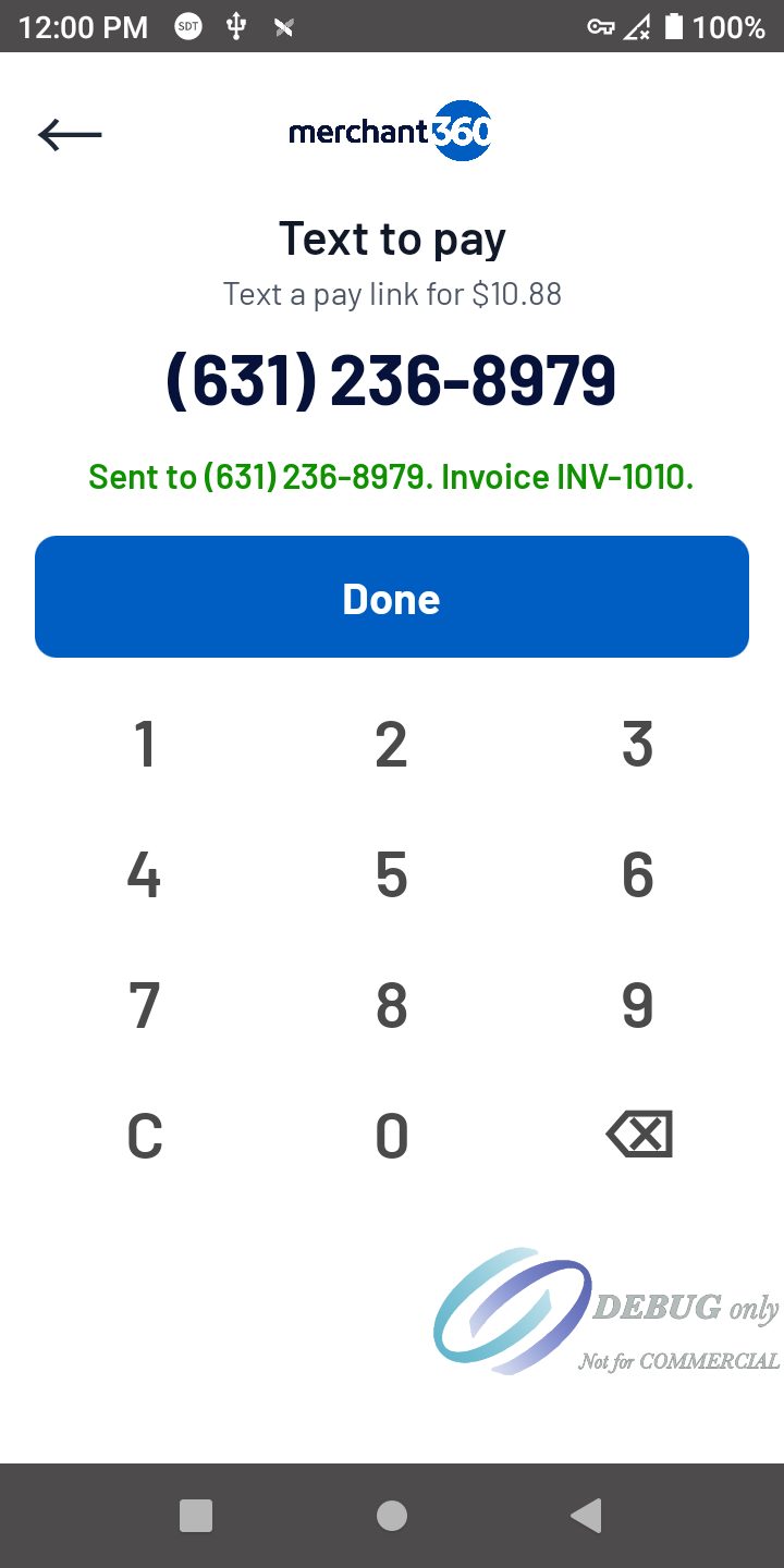 Text to pay after sending: Sent to (631) 236-8979. Invoice INV-1010, and a Done button