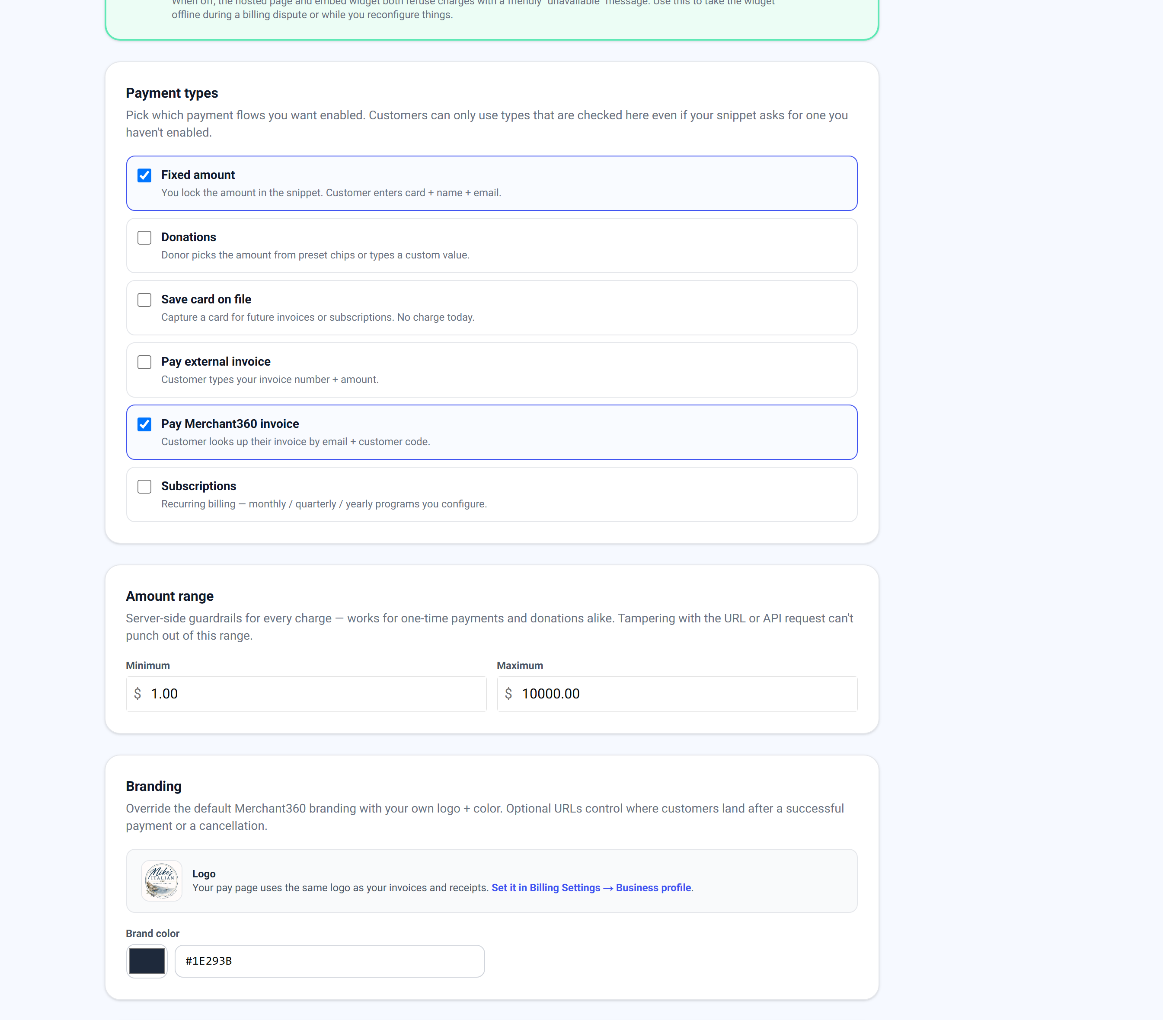 The Pay Widget payment types – fixed amount, donations, save card on file, pay an external invoice, pay a Merchant360 invoice, and subscriptions – with the amount range below