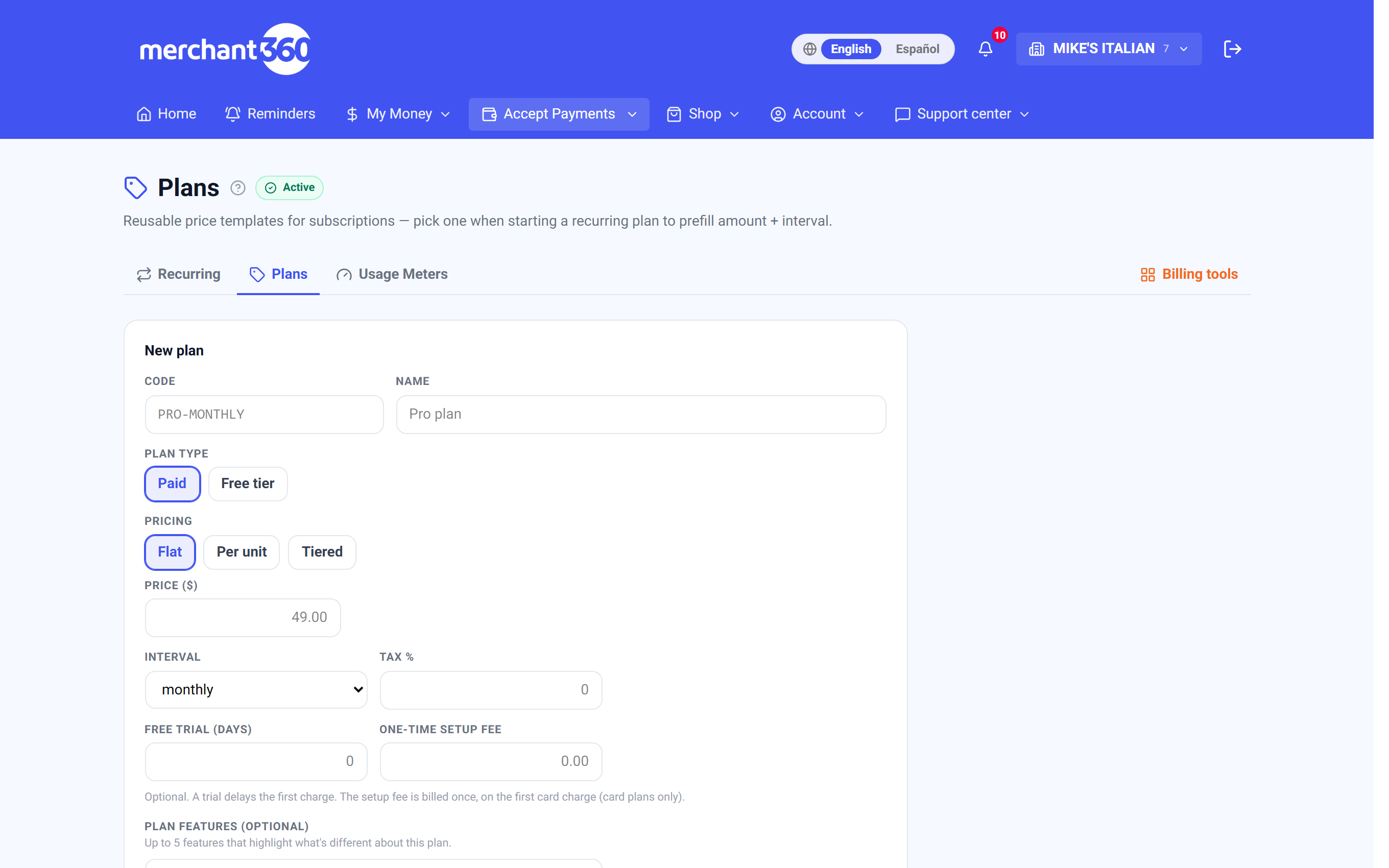 Plans builder with pricing modes