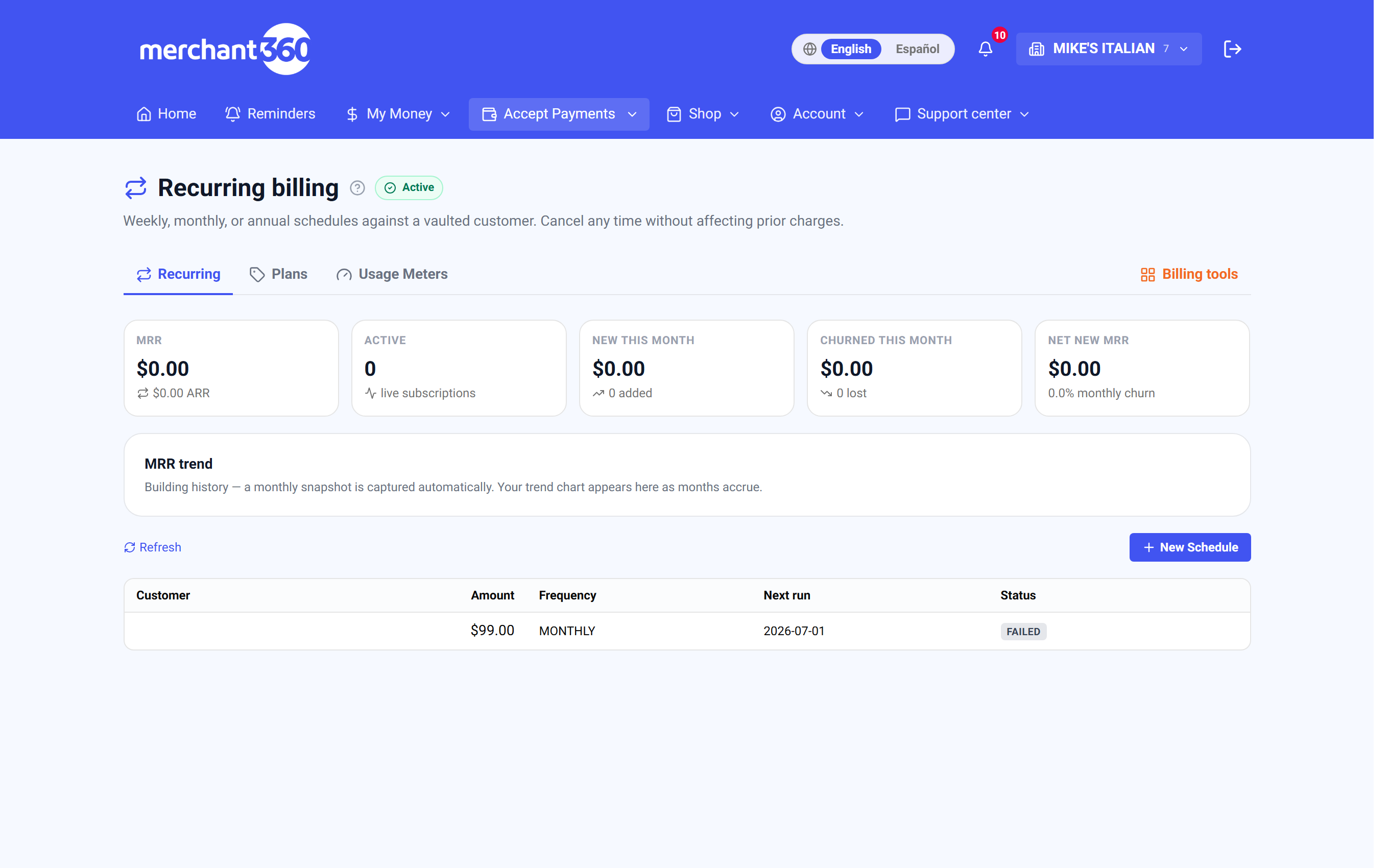 Recurring billing board with MRR metrics