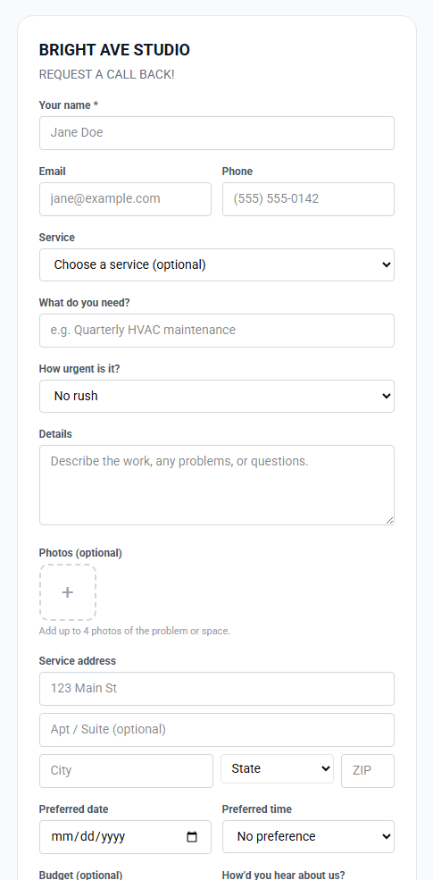The public request form a customer fills in