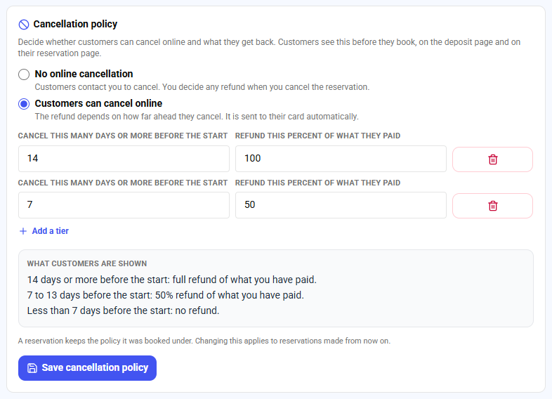 Cancellation policy card in Reservation settings