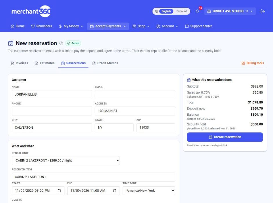 New reservation form with the live preview panel