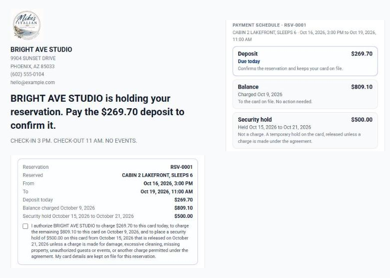 Customer pay page for a reservation deposit