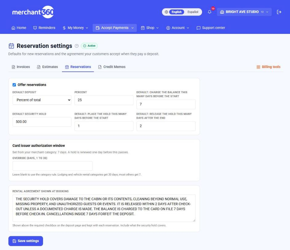 Reservation settings page