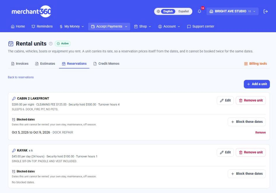 Rental units page