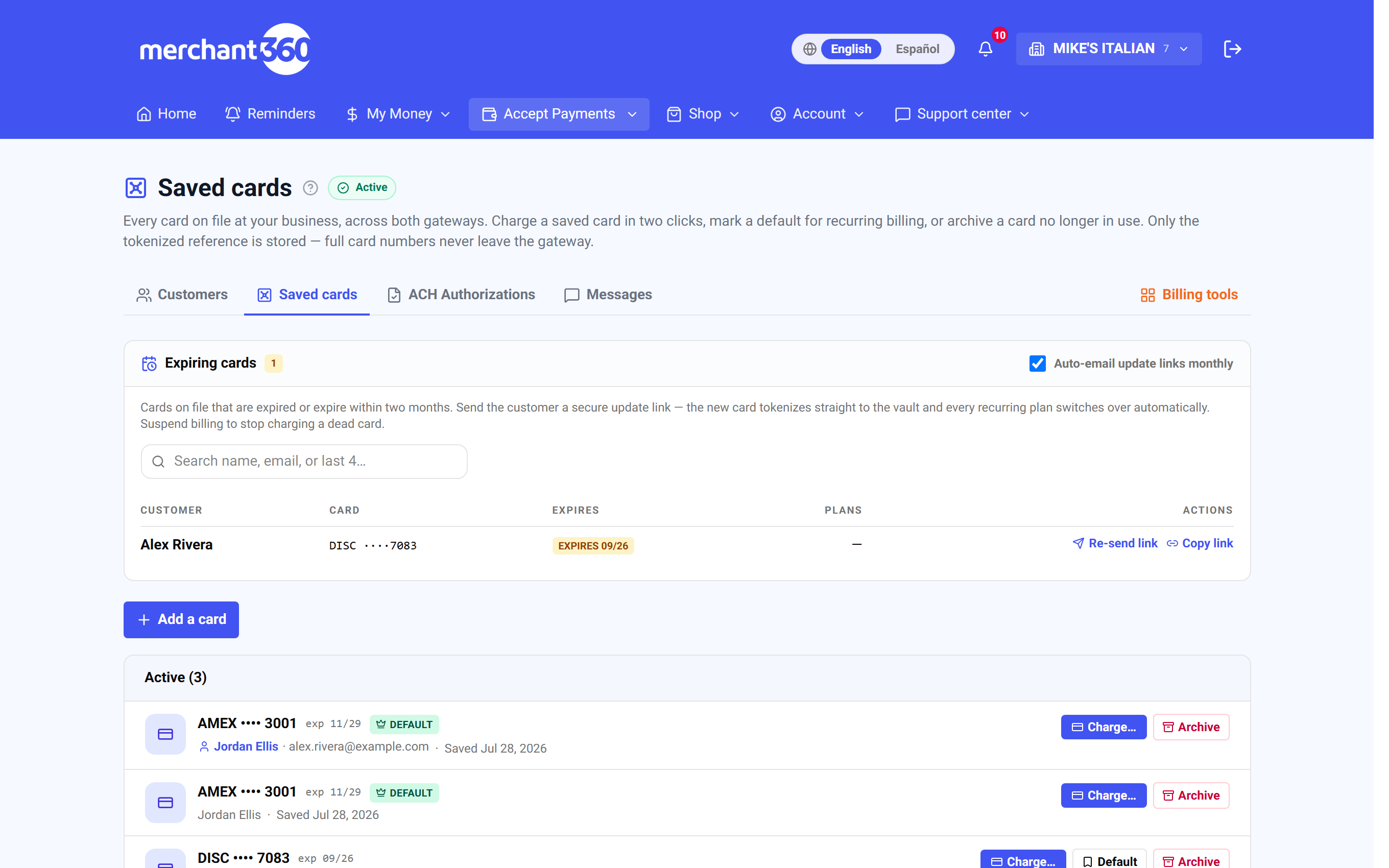 Saved cards page