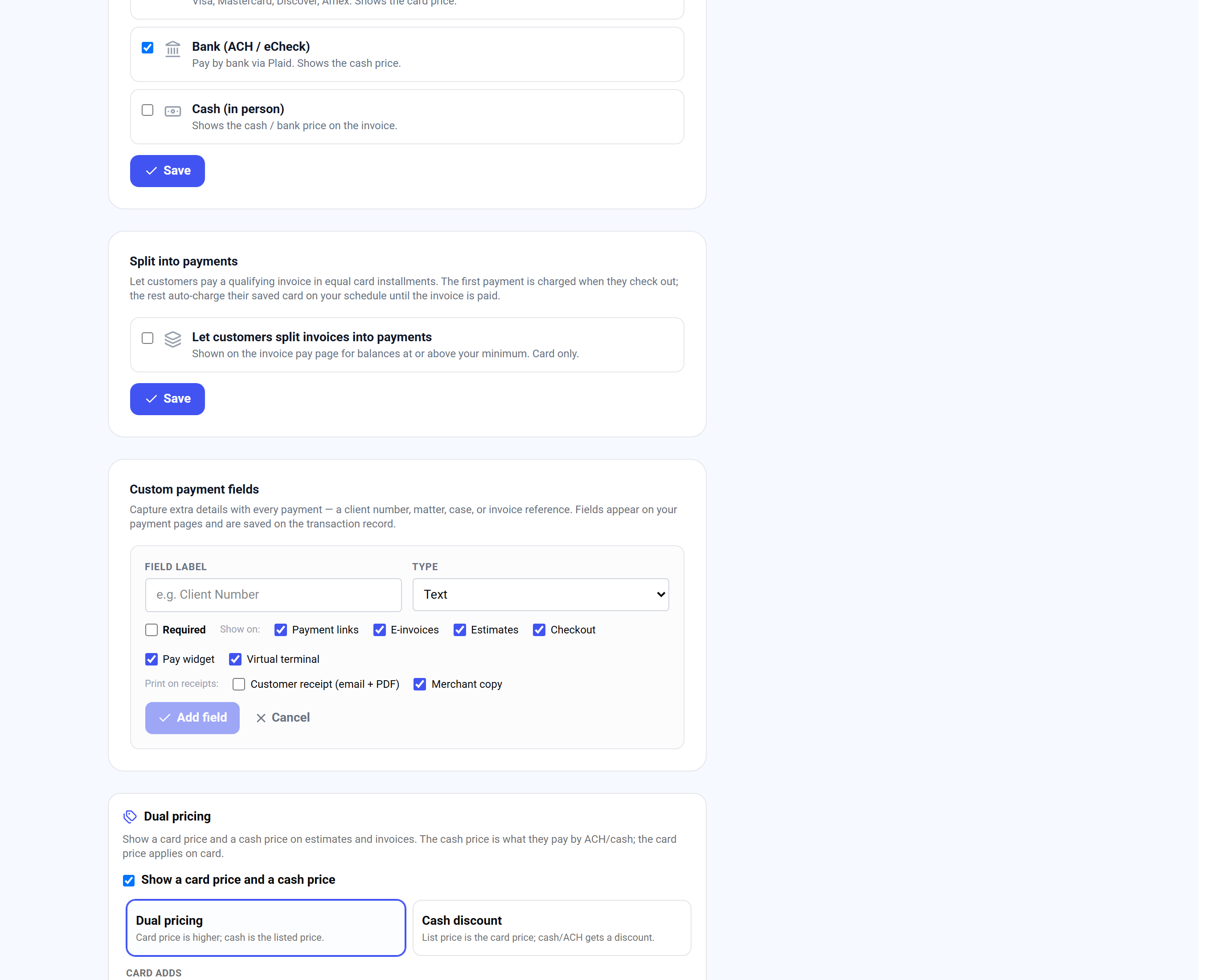 Custom payment fields card