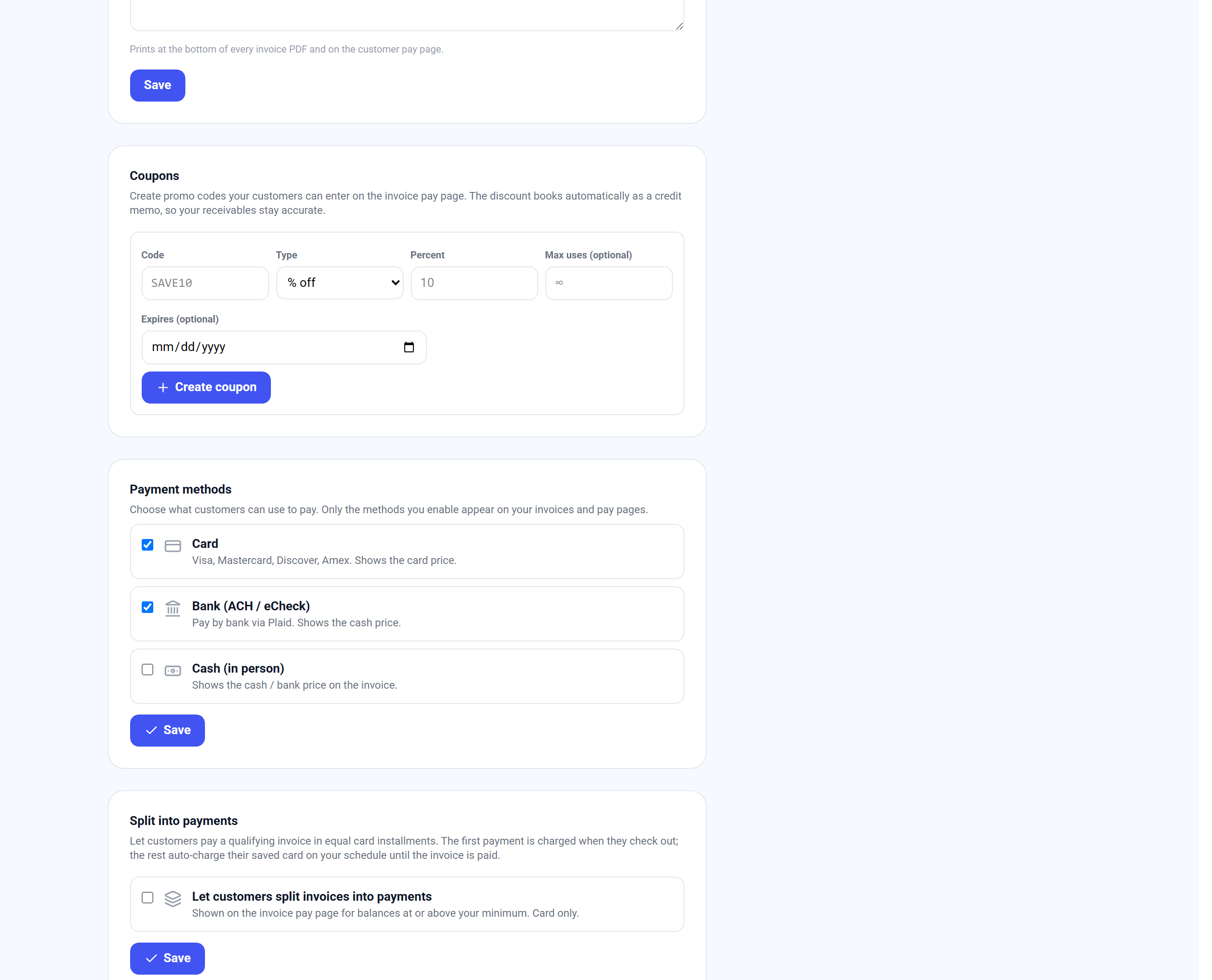 Payment methods card