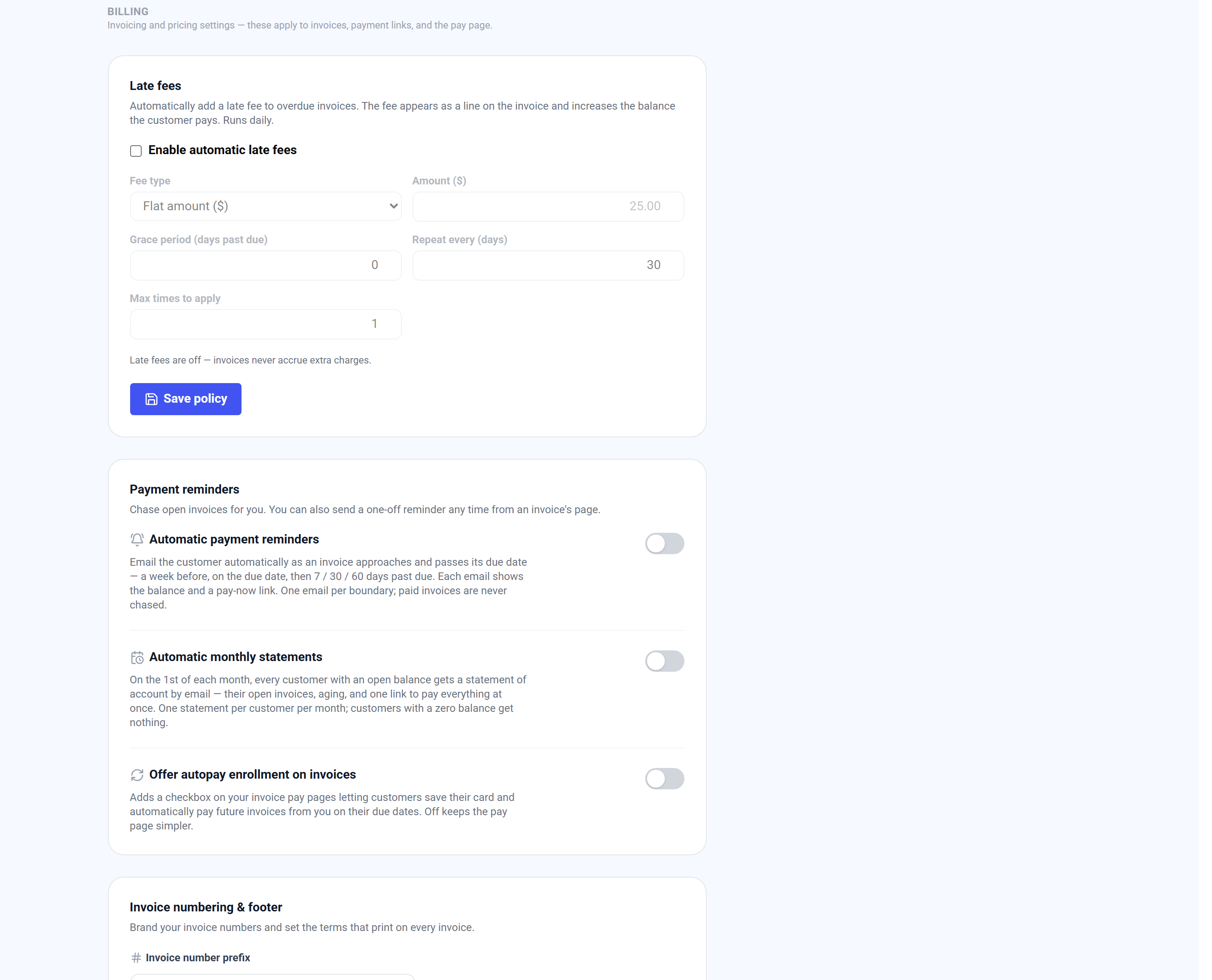 Payment reminders card