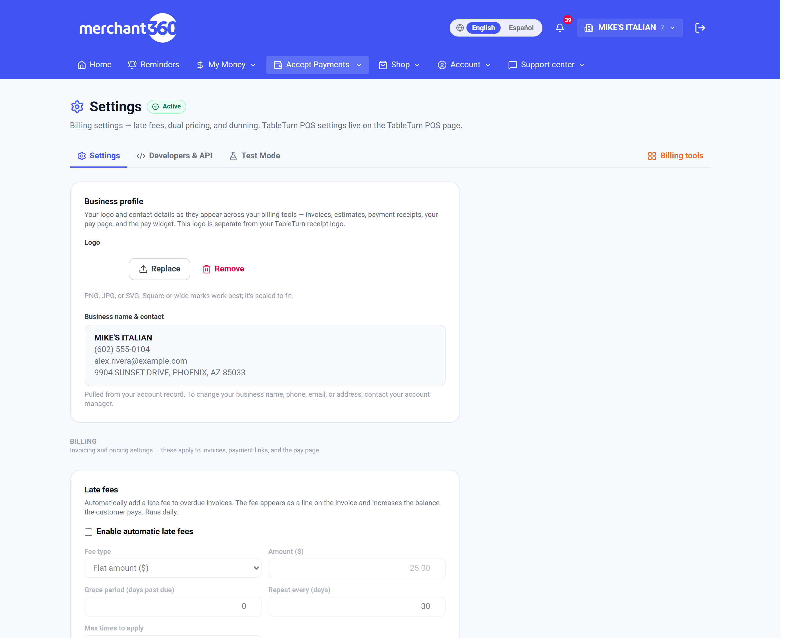The Billing Settings page