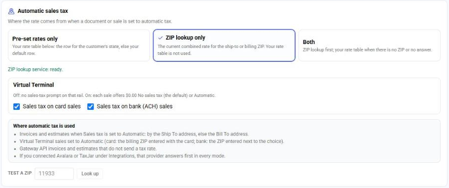 The Automatic sales tax card on Tax rates