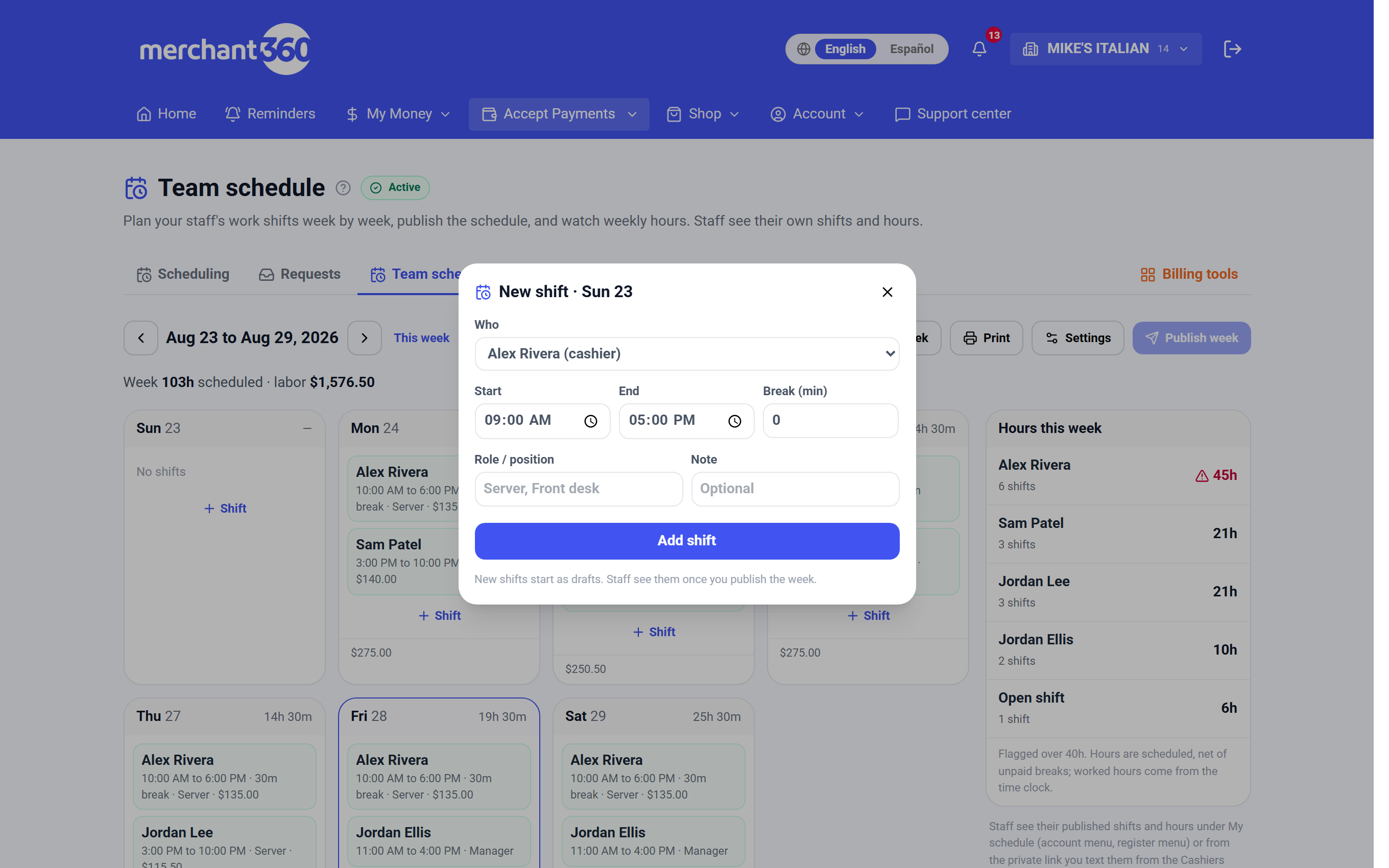 New shift panel with person, start, end, break, role and note