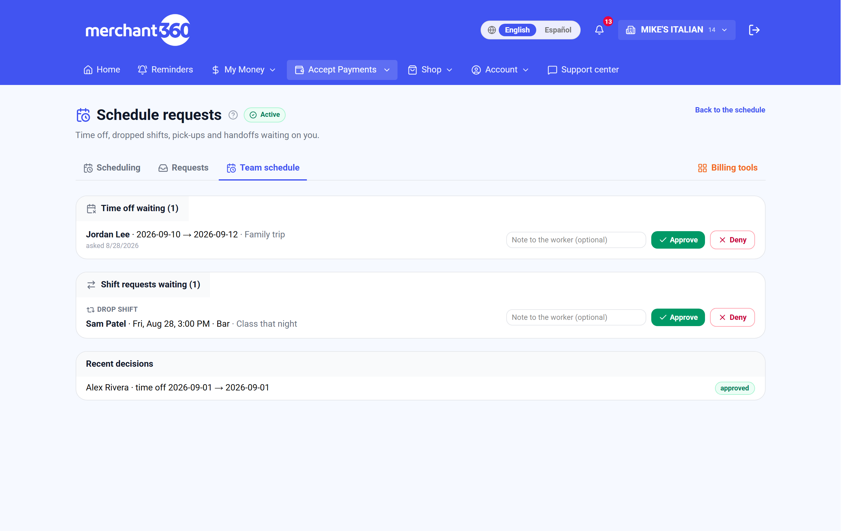 Schedule requests inbox with time-off and shift requests waiting