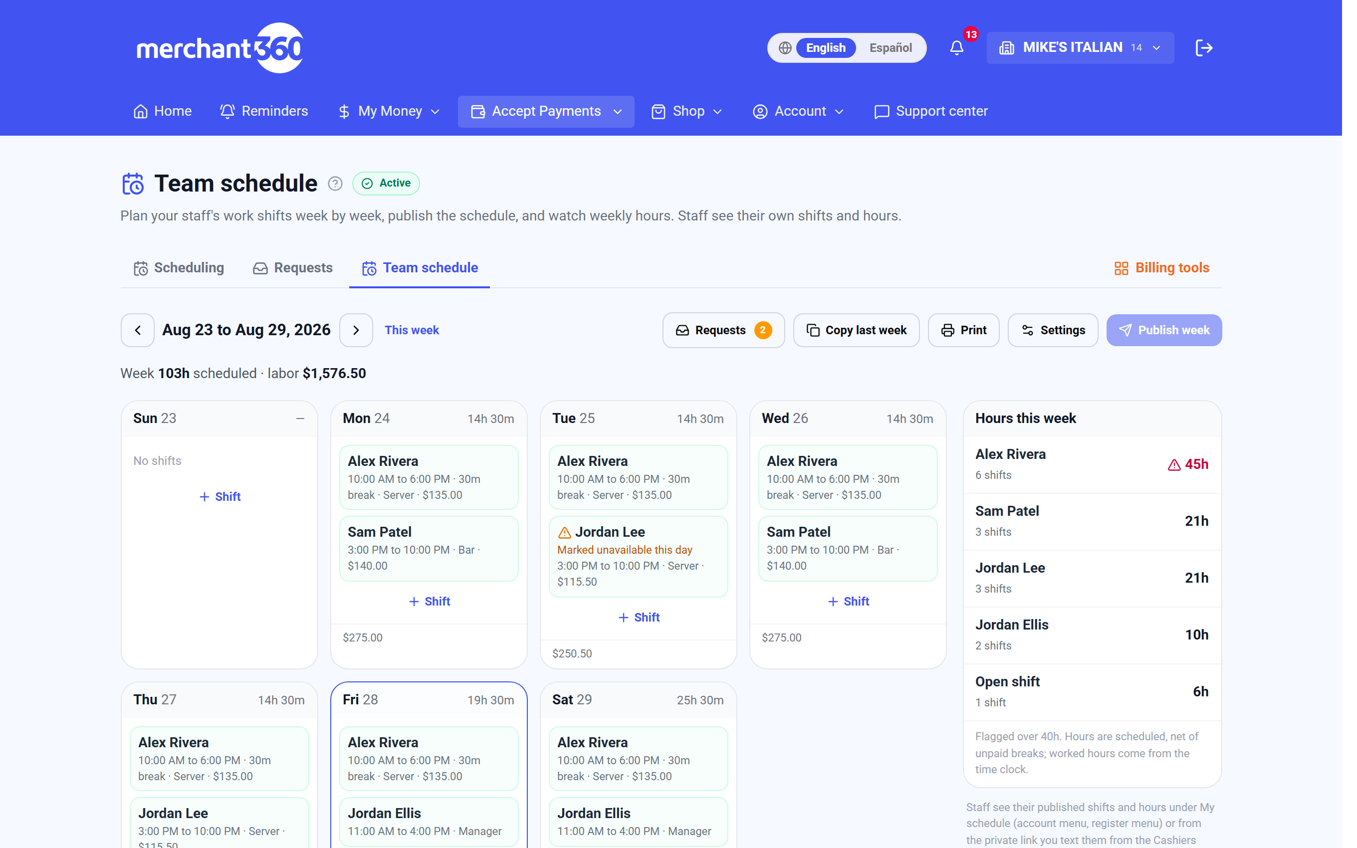 Team schedule week grid with shifts, hours rail and publish button