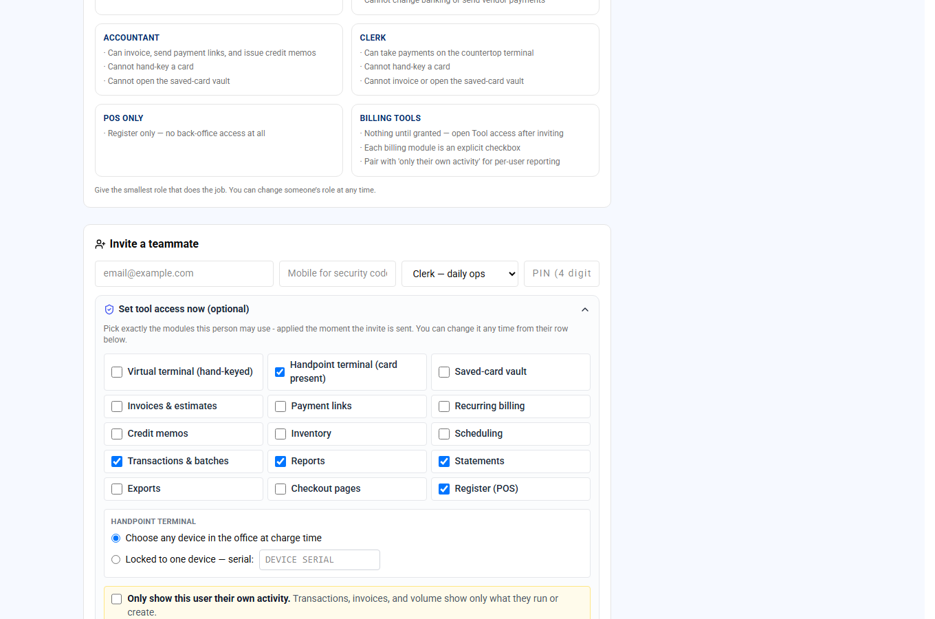 Tool access panel on the invite form with the module checklist