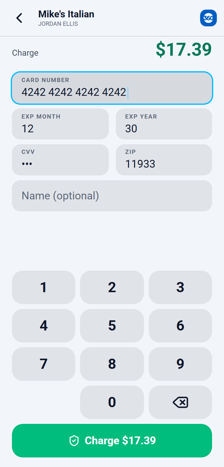 The card entry screen with the card number, expiry month and year pickers, CVV, ZIP and name fields above the app's number pad