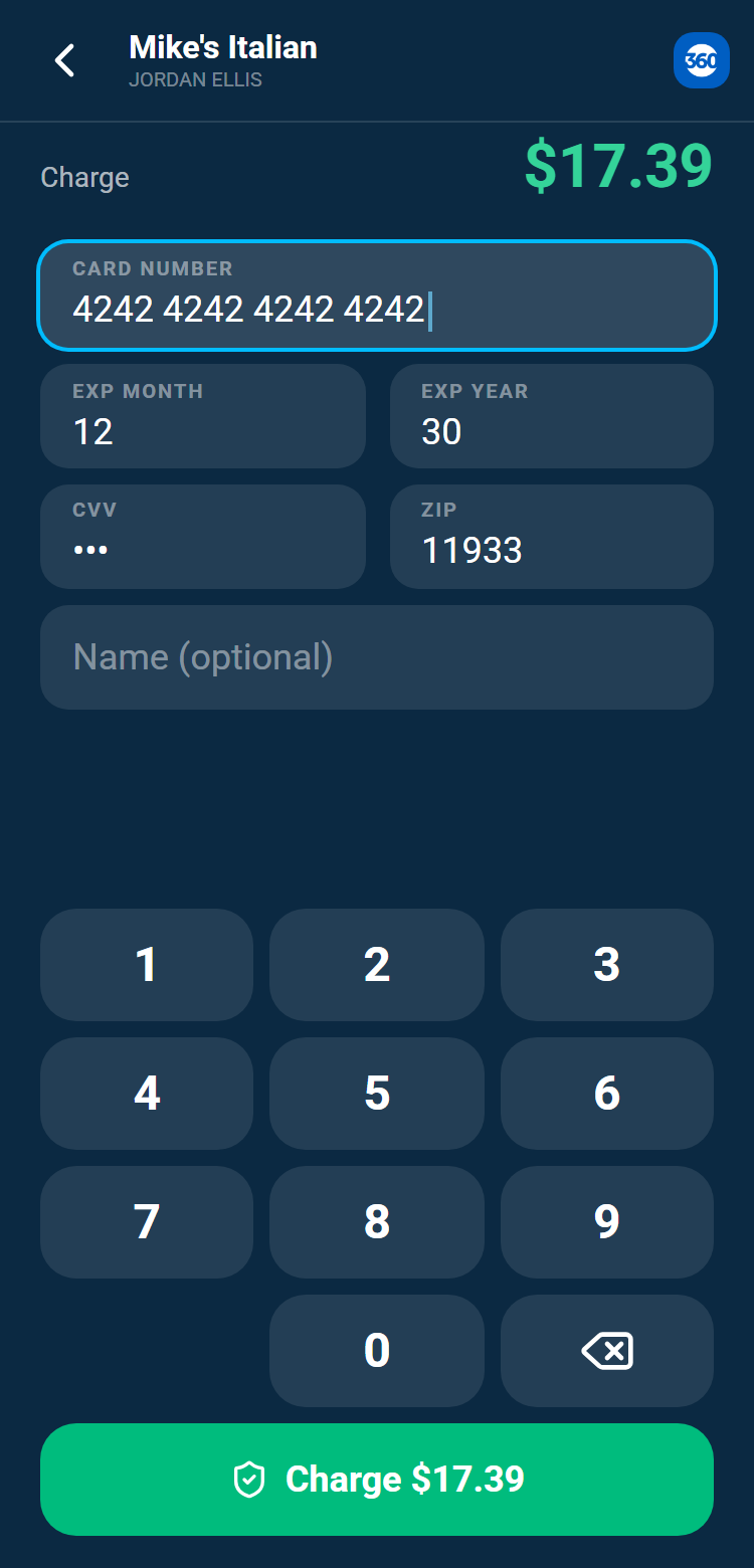 The card entry screen with the card number, expiry month and year pickers, CVV, ZIP and name fields above the app's number pad