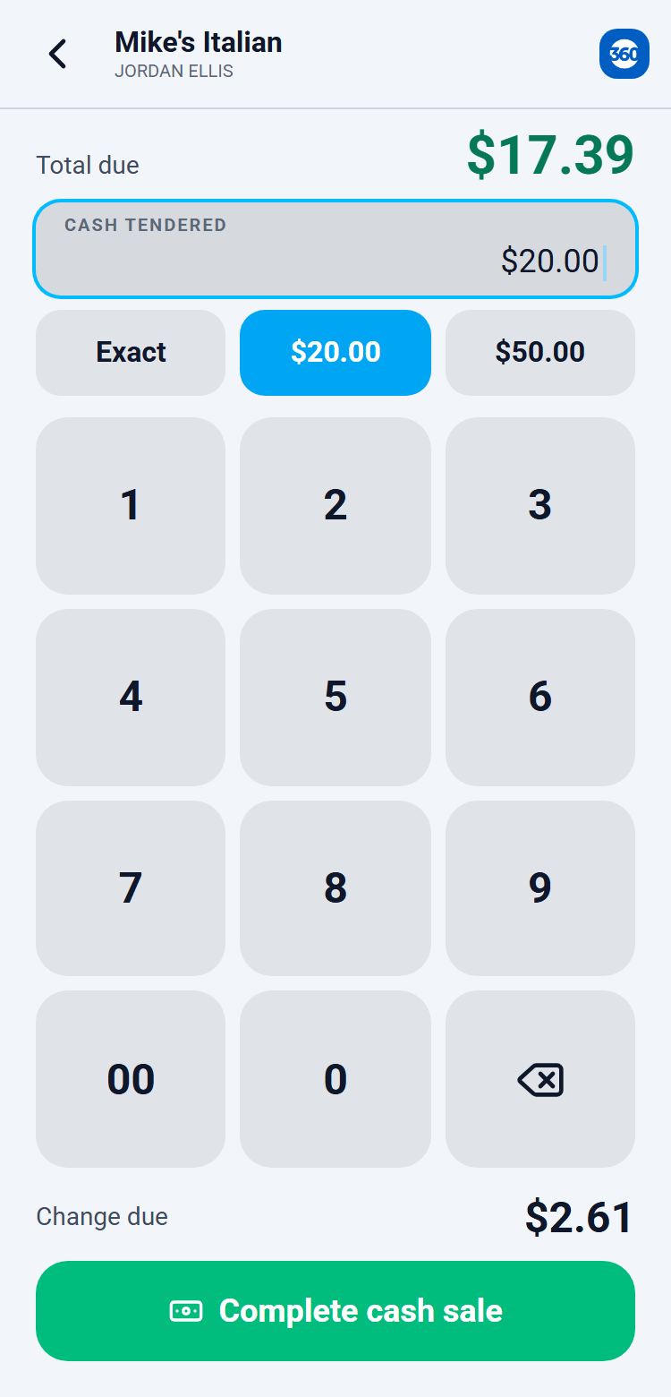 The cash screen with quick-cash buttons and the change due