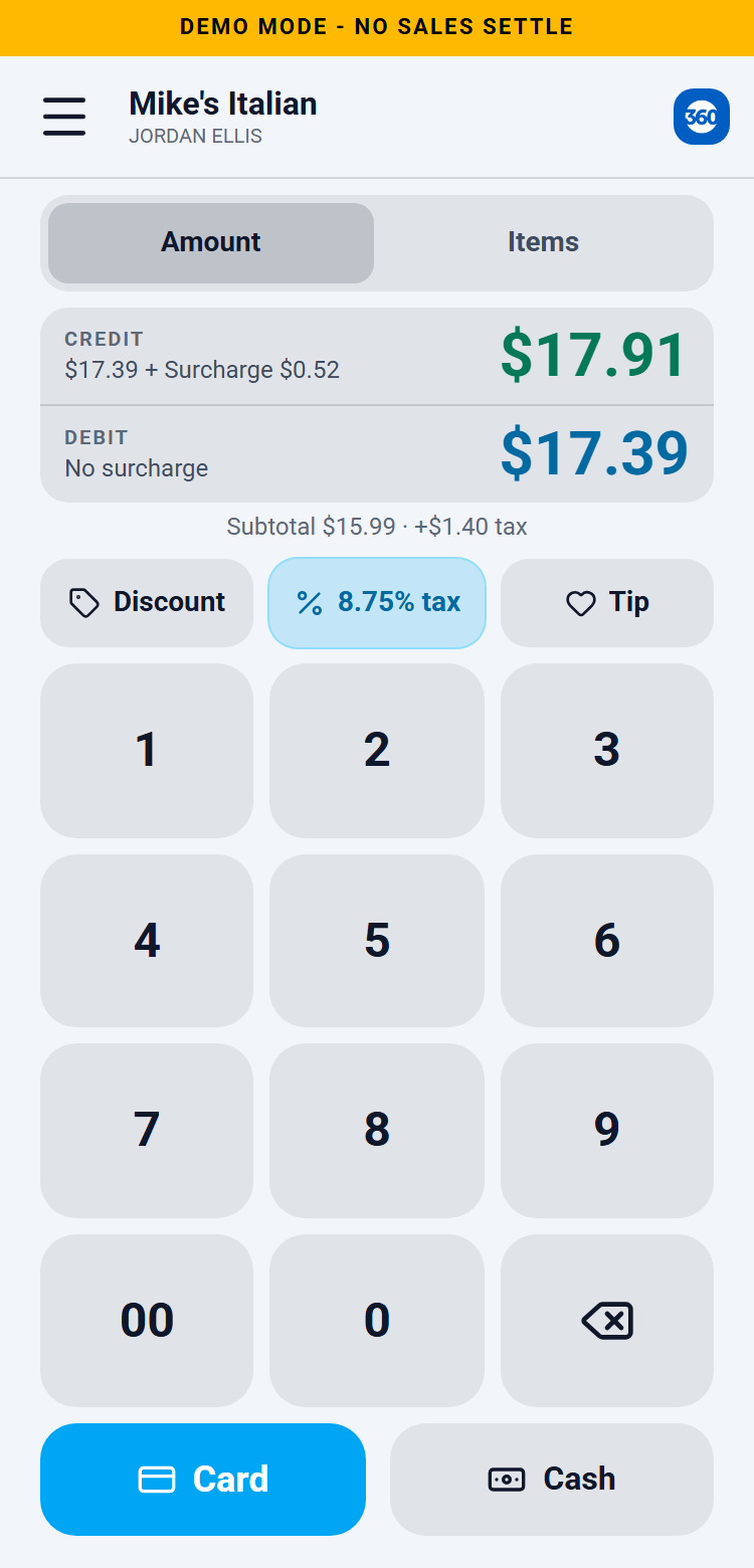 The mobile terminal sale screen in demo mode with the amber Demo Mode banner across the top