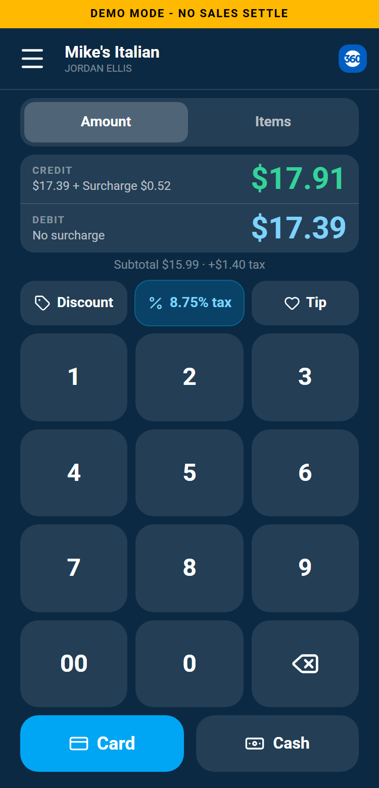 The mobile terminal sale screen in demo mode with the amber Demo Mode banner across the top