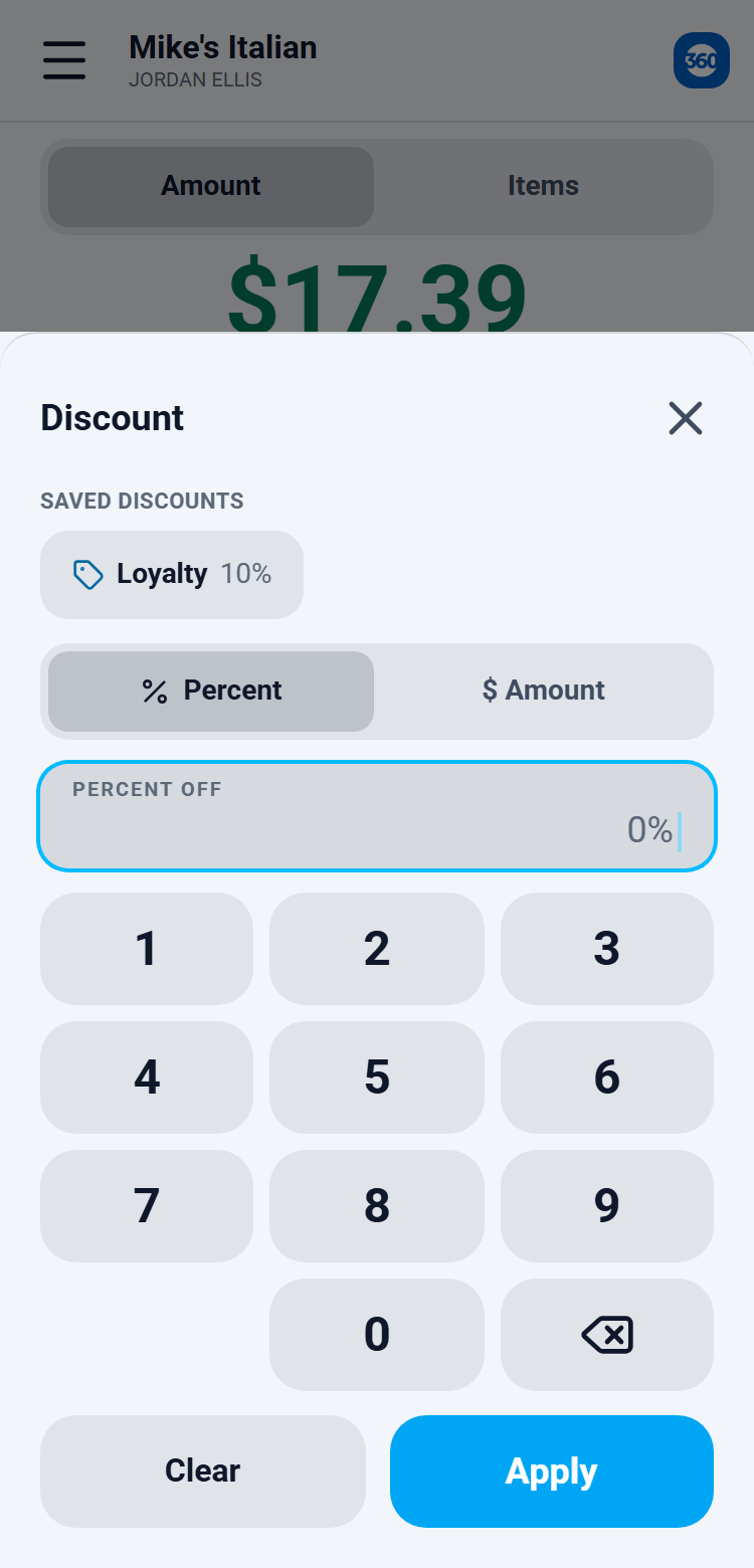The Discount sheet with saved presets and a percent or dollar entry