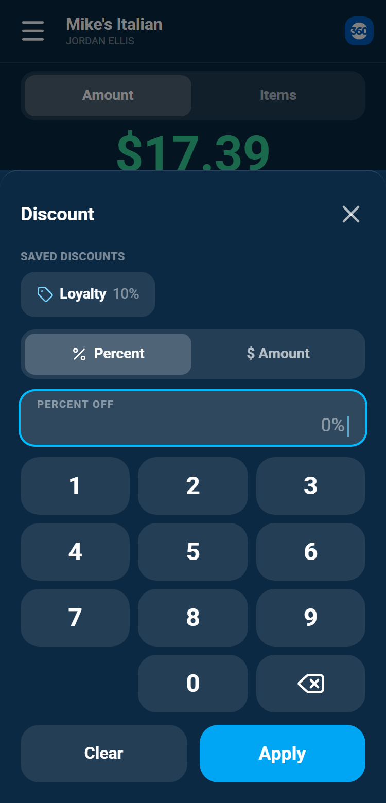 The Discount sheet with saved presets and a percent or dollar entry