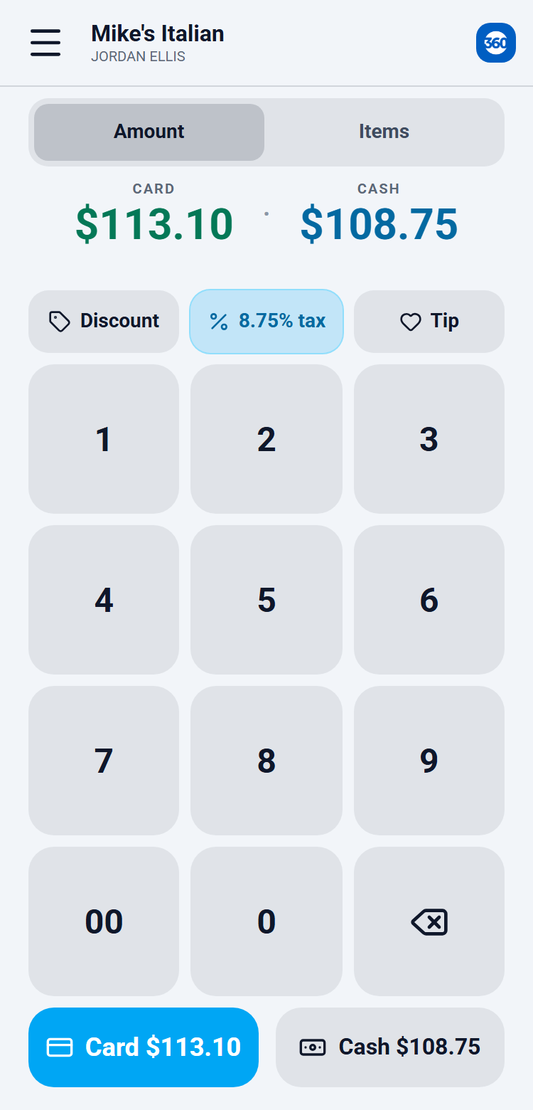 The sale screen showing a Card price and a Cash price side by side