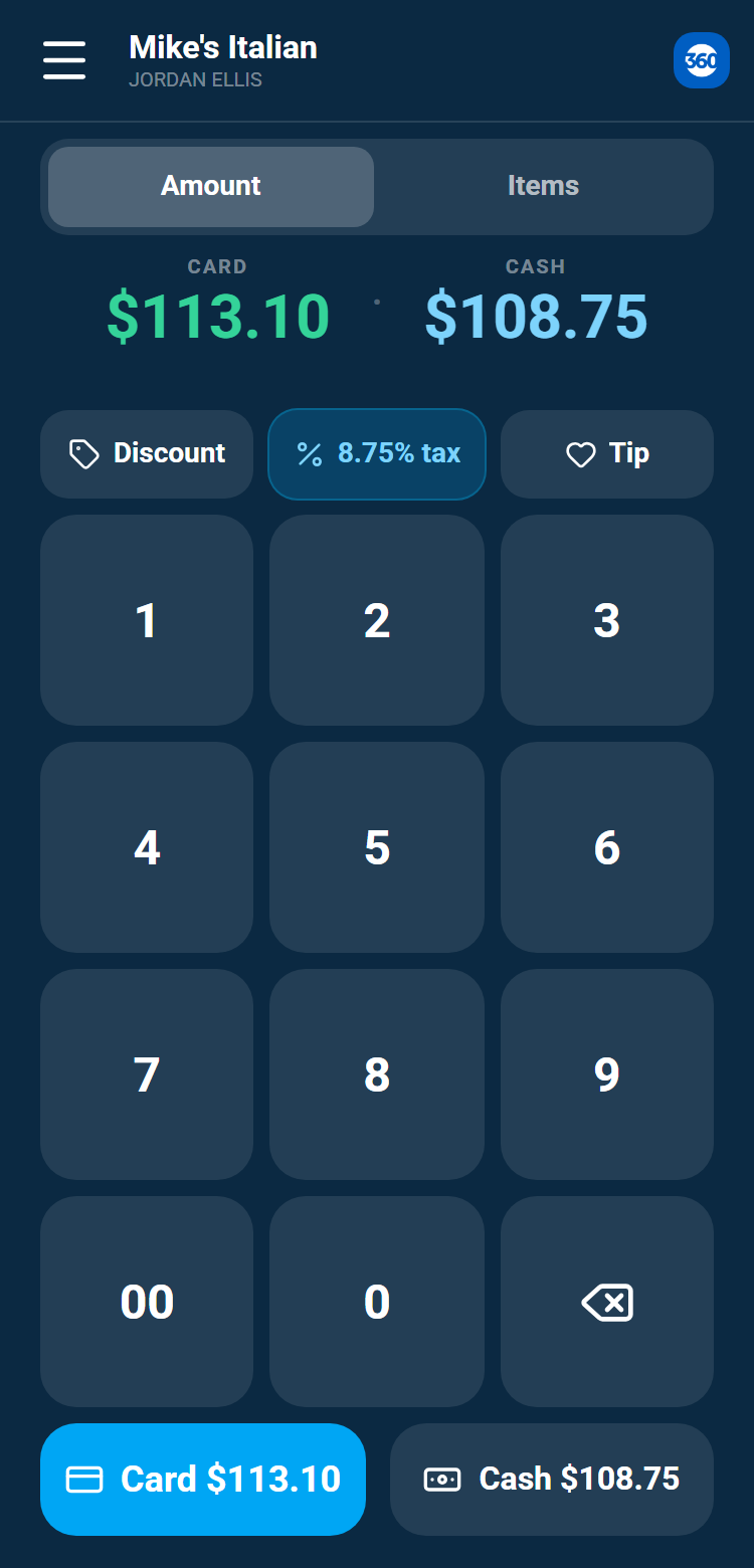 The sale screen showing a Card price and a Cash price side by side