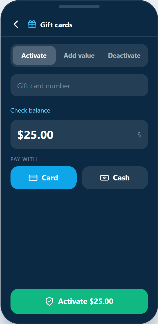 The Gift cards screen