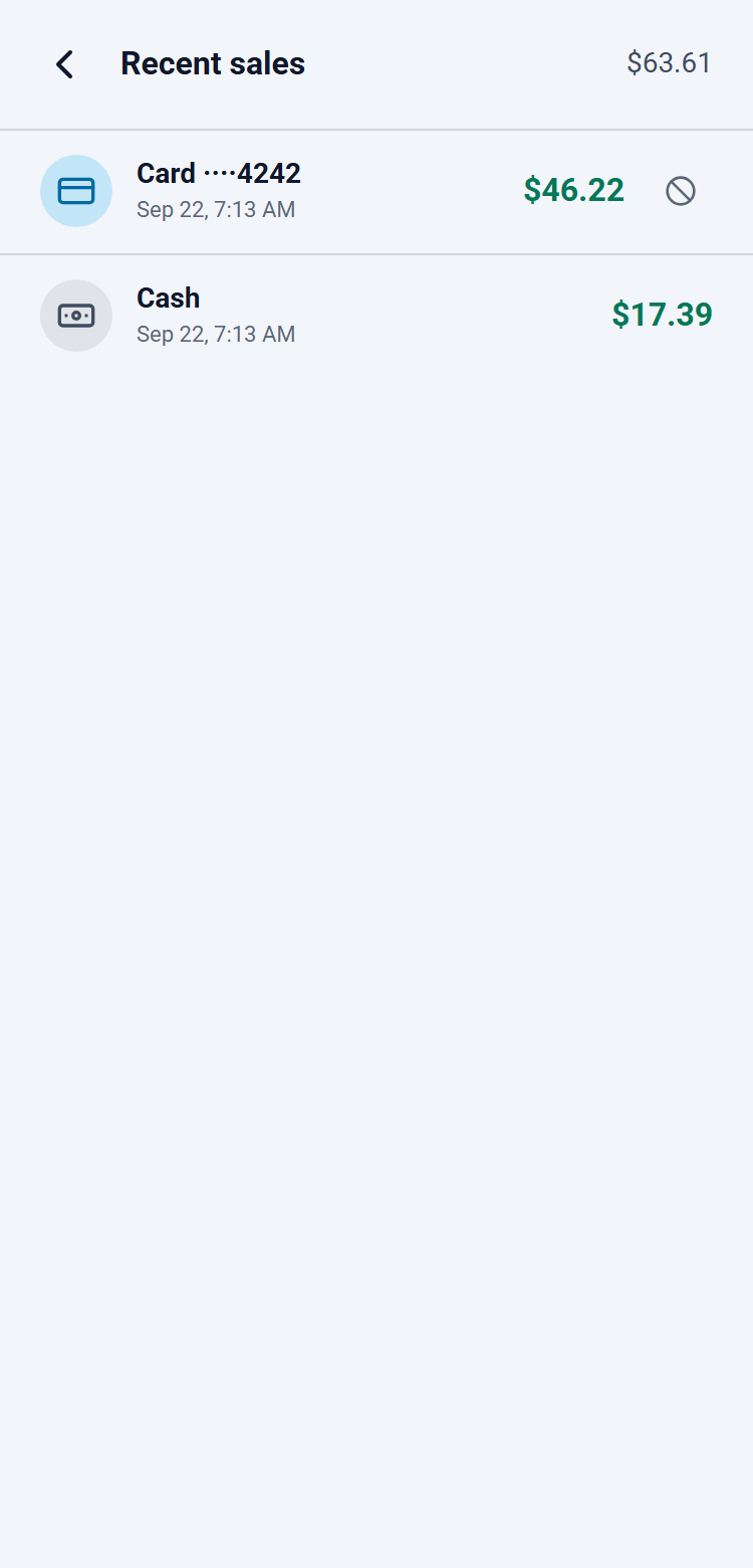 Transaction history with recent sales and Void or Refund buttons