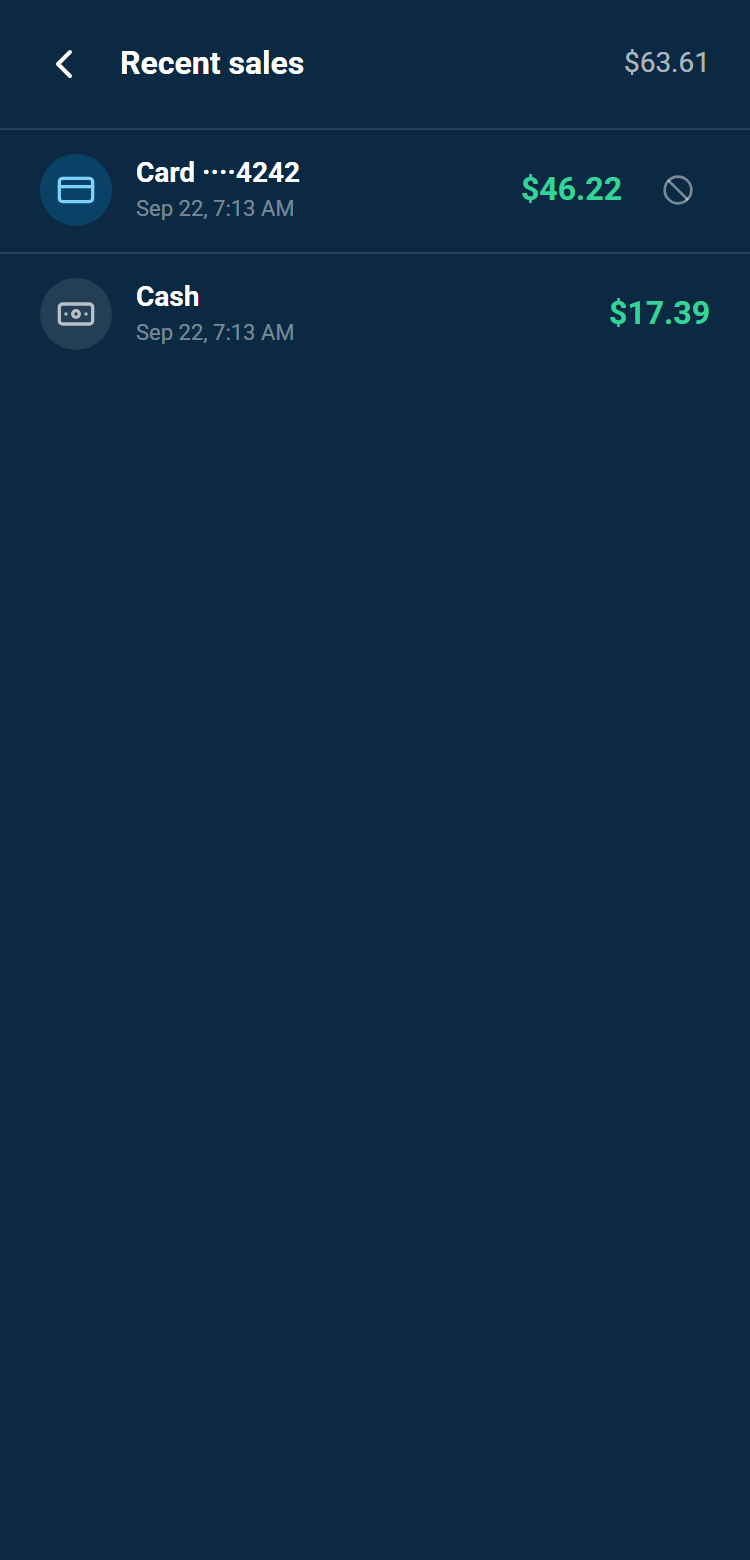 Transaction history with recent sales and Void or Refund buttons