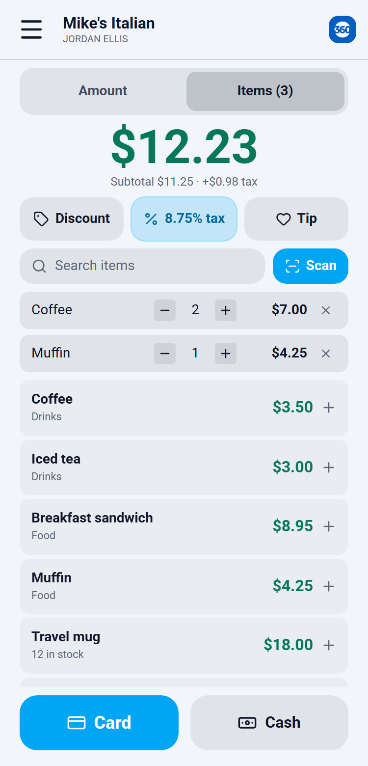 The Items tab with a search box, Scan button, and two items in the cart