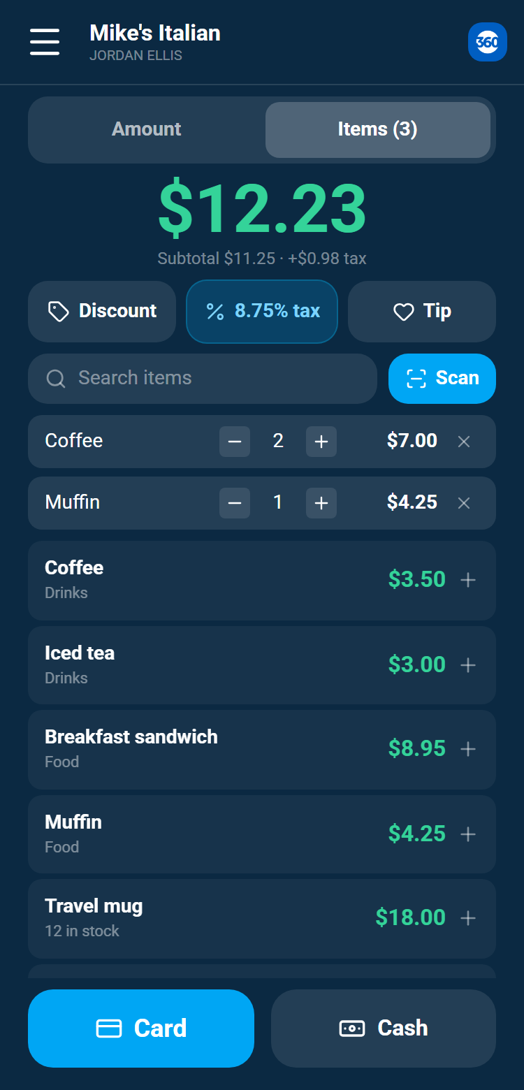 The Items tab with a search box, Scan button, and two items in the cart