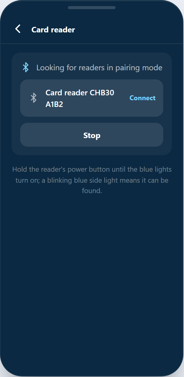 The Card reader screen scanning and listing a reader in pairing mode